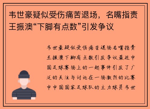 韦世豪疑似受伤痛苦退场，名嘴指责王振澳“下脚有点数”引发争议